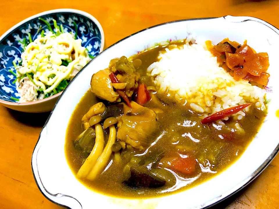 Snapdishの料理写真:夏野菜カレーと三ツ葉チキン|かげぞさん