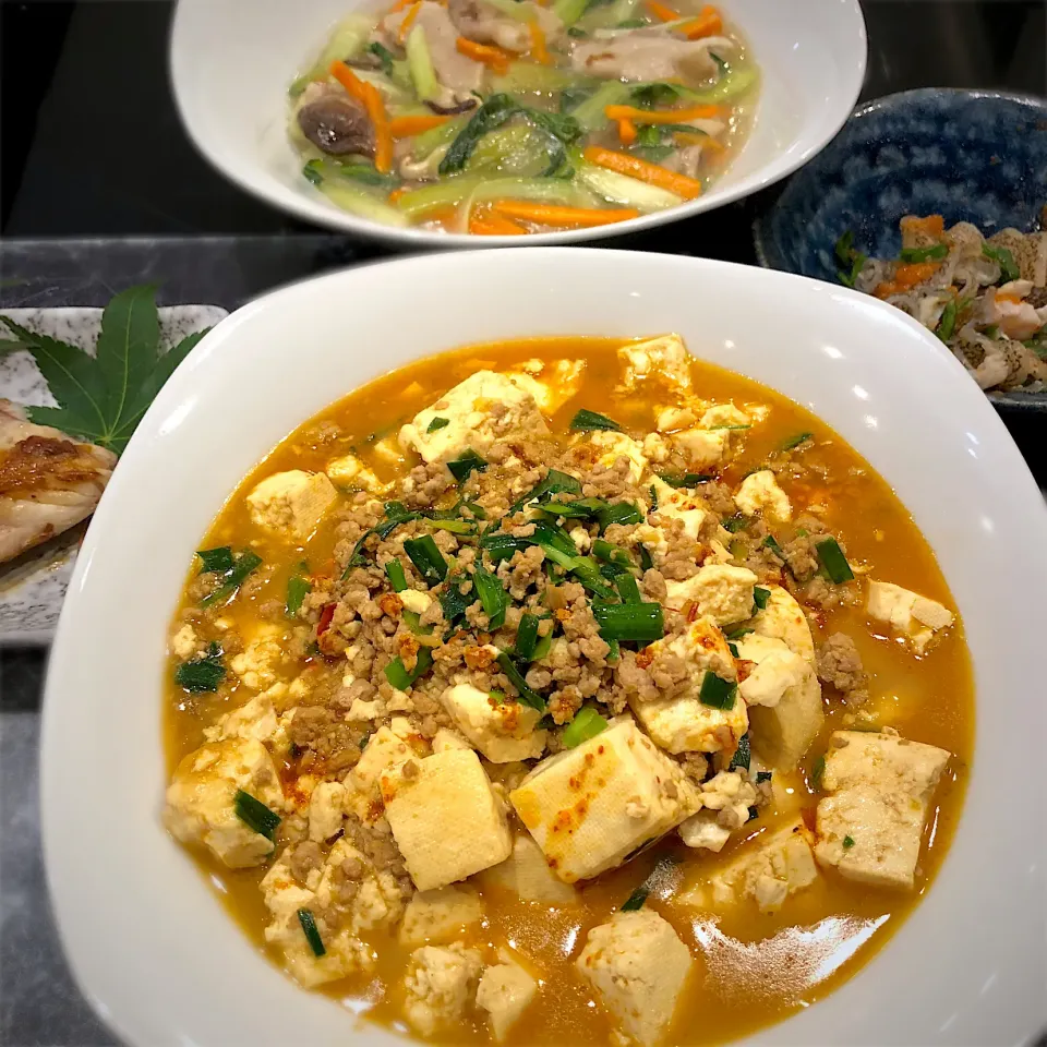 麻婆豆腐とチンゲンサイと豚バラの炒め物と子供らはハンバーグ(写真に入ってなかった)|hinomizさん