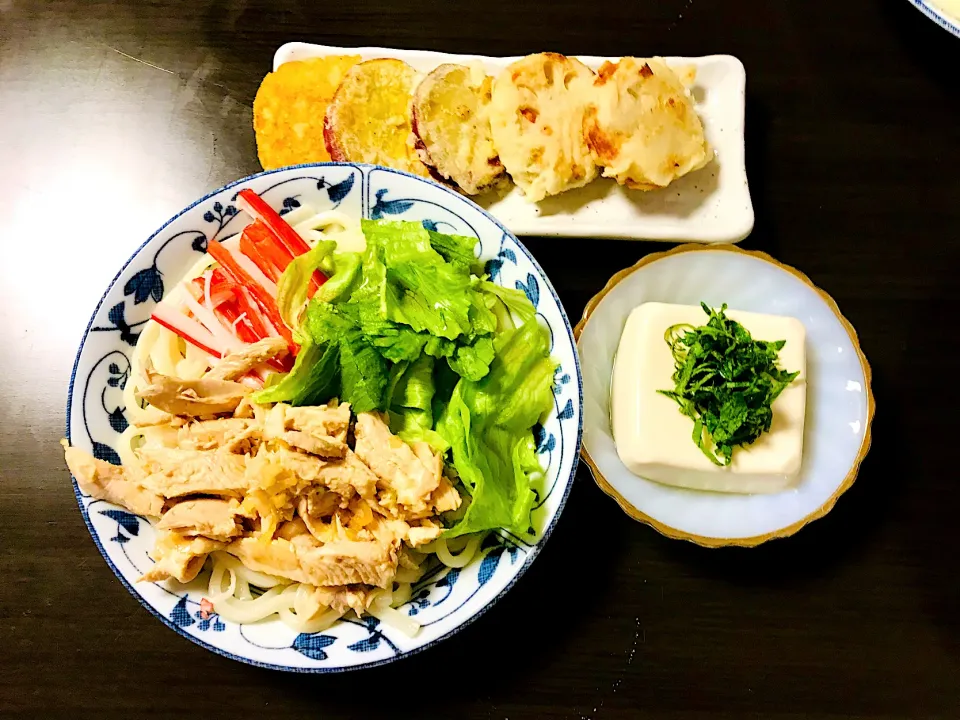 よだれ鶏風うどん細、蓮根はさみ揚げ|okeiko🎶さん