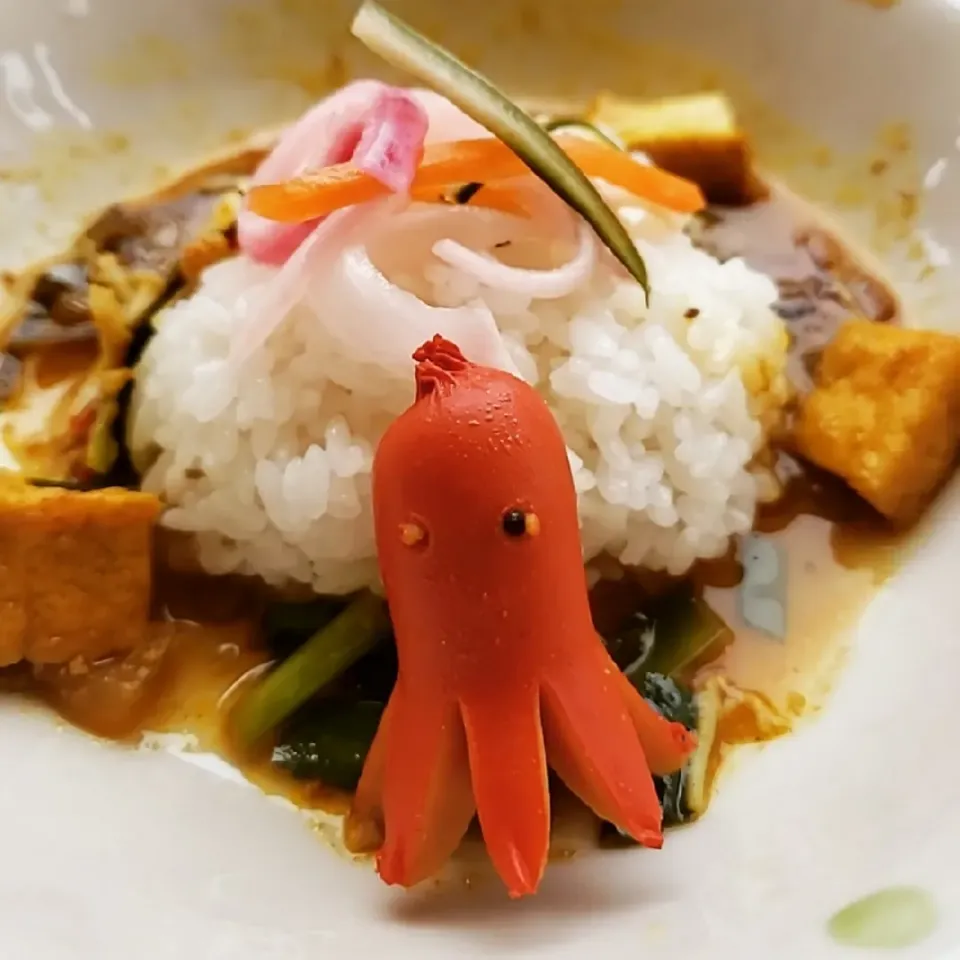 味噌香る厚揚げのポークキーマカレーwithタコさんウインナー🐙|ふじわらたくやさん