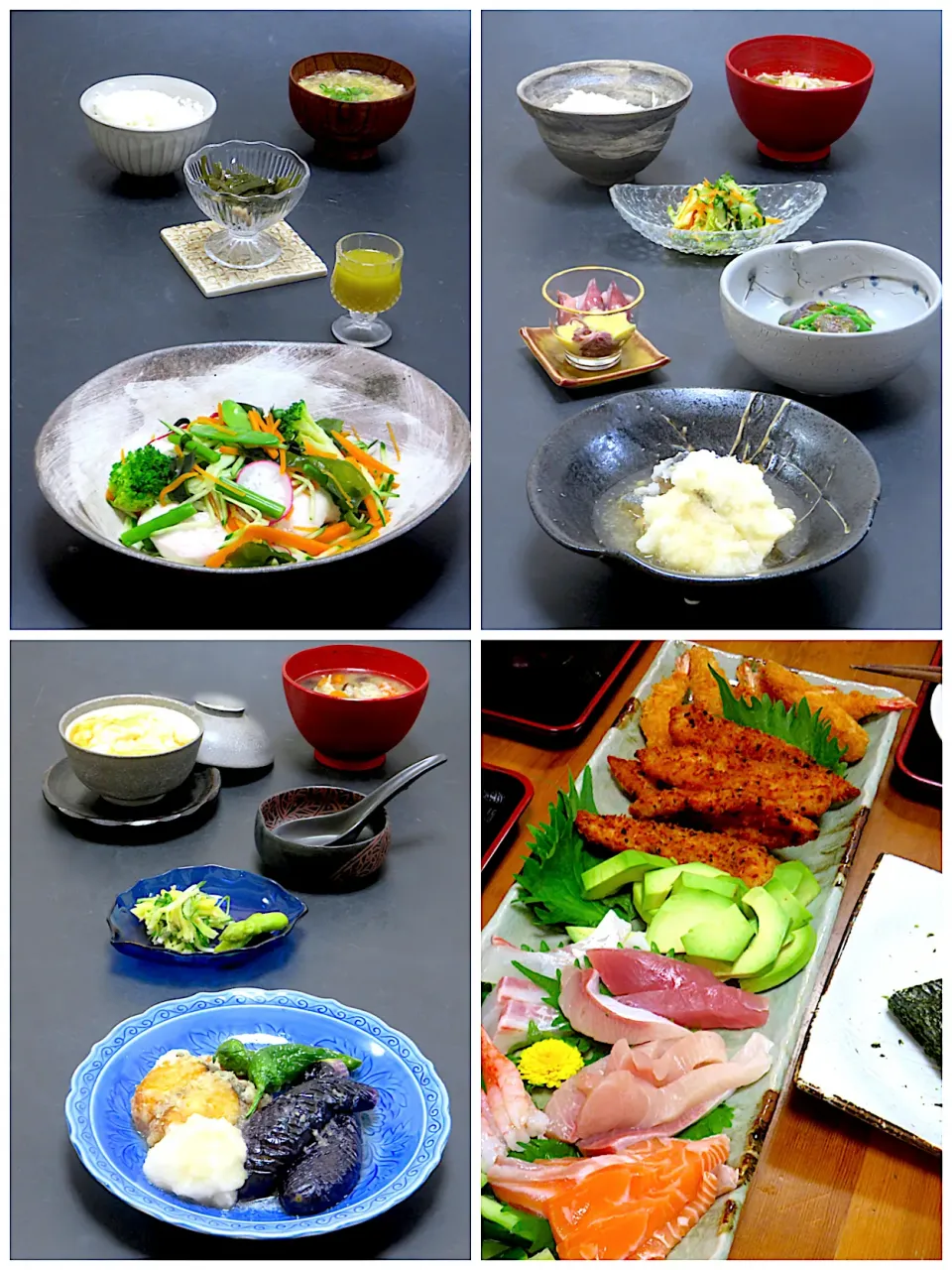 Snapdishの料理写真:UPしていなかった晩御飯　備忘録

5/31 手巻き寿司

6/1  翡翠どり温野菜サラダ風、利尻昆布としめじのあっさり佃煮、茸のかきたま汁

6/2  揚げ鯖のみぞれ煮、茄子と三度豆の胡麻和え、蛍烏賊芥子酢味噌和え、甘藍あっさり漬け、豚汁、ご飯

6/3 こちと夏野菜の揚げ浸し、季節の香の物（旬菜漬け沢庵和え、アスパ|akazawa3さん