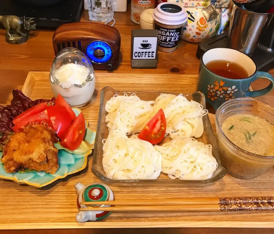 ＊冷汁つけだれの素麺＊ミルク寒天＊鳥の唐揚げ|まぁちゃんさん