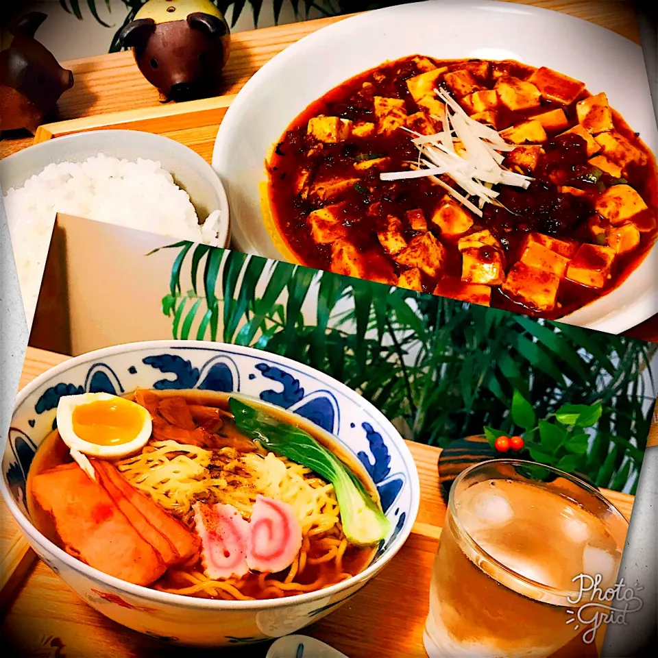 Snapdishの料理写真:ガッツリ💪　醤油ラーメンと麻婆豆腐定食　いっただきま〜す。😋|Sの食卓さん