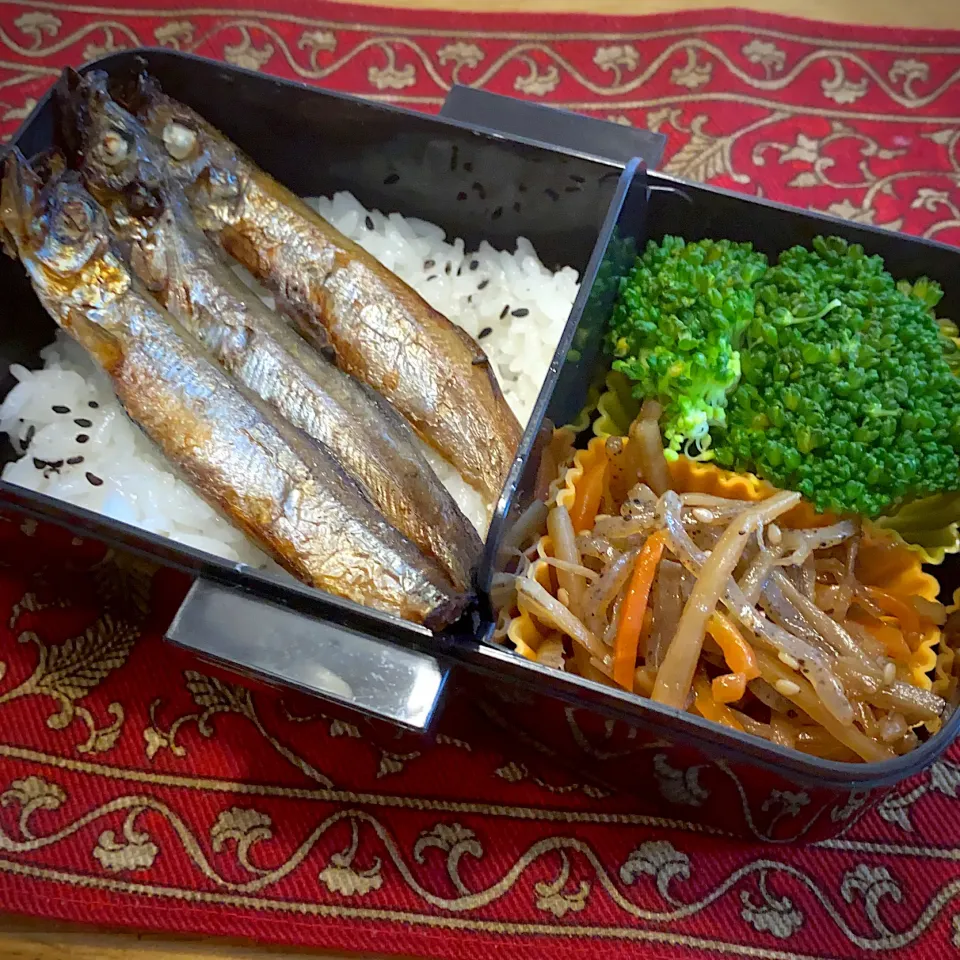 Snapdishの料理写真:ししゃもと、きんぴらごぼうと、ブロッコリーの辛子マヨ添え弁当|もえさん