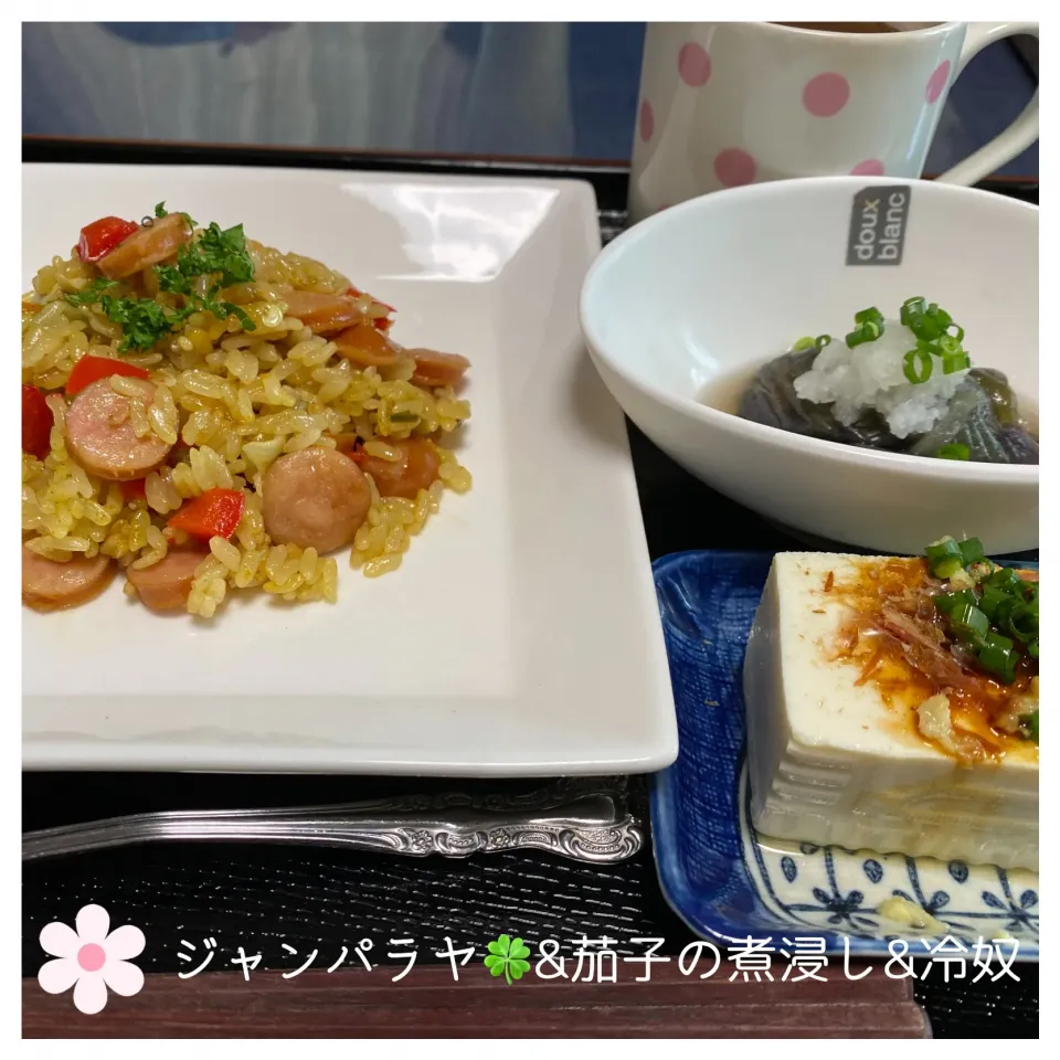 🍀ジャンパラヤ&🍀茄子の煮浸し&冷奴|いのっちさん