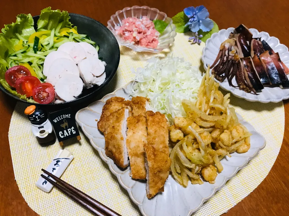 「とんかつ&海老と玉ねぎのかき揚げ」「サラダチキン」「イカの一夜干し」「ネギトロ」|バシュランさん