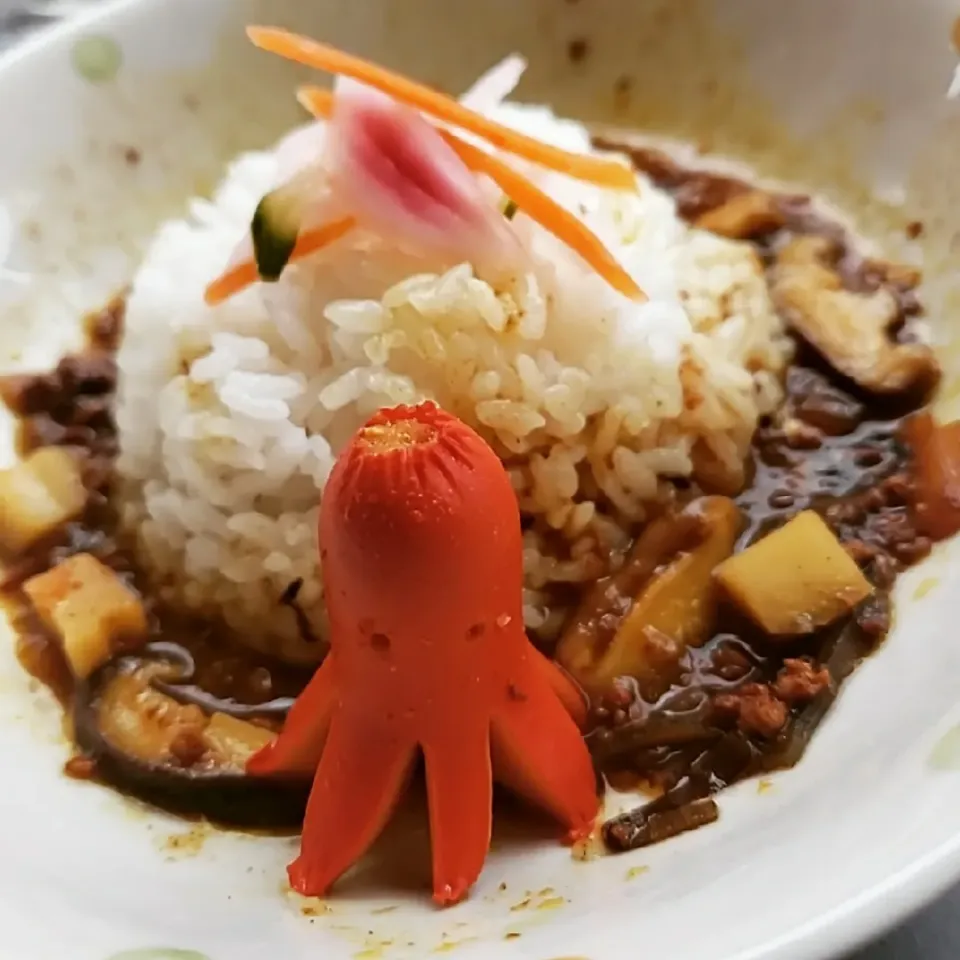 Snapdishの料理写真:椎茸とレンコンの牛豚キーマカレーwithタコさんウインナー🐙|ふじわらたくやさん