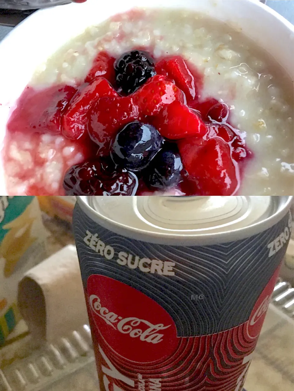 Mixed fruit oatmeal and a coke cola energy|ninja kittyさん