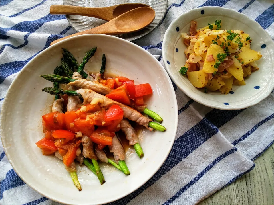 アスパラガスの肉巻きトマトだれ🍅
さっぱりジャーマンポテト🥔|真希さん