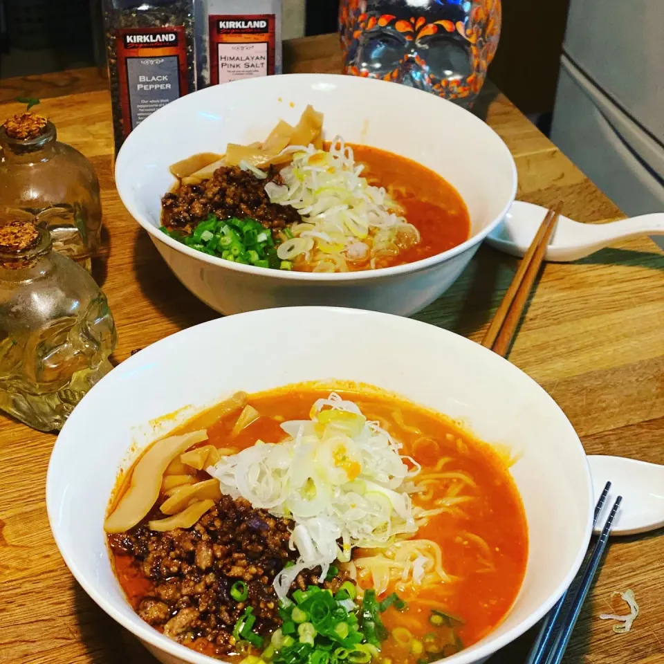 Snapdishの料理写真:Beef Stock & Tomato Miso Ramen with Spicy Mince & Negi with Noodles #ramen #homemade #homecooking #noodles #soup|Emanuel Hayashiさん