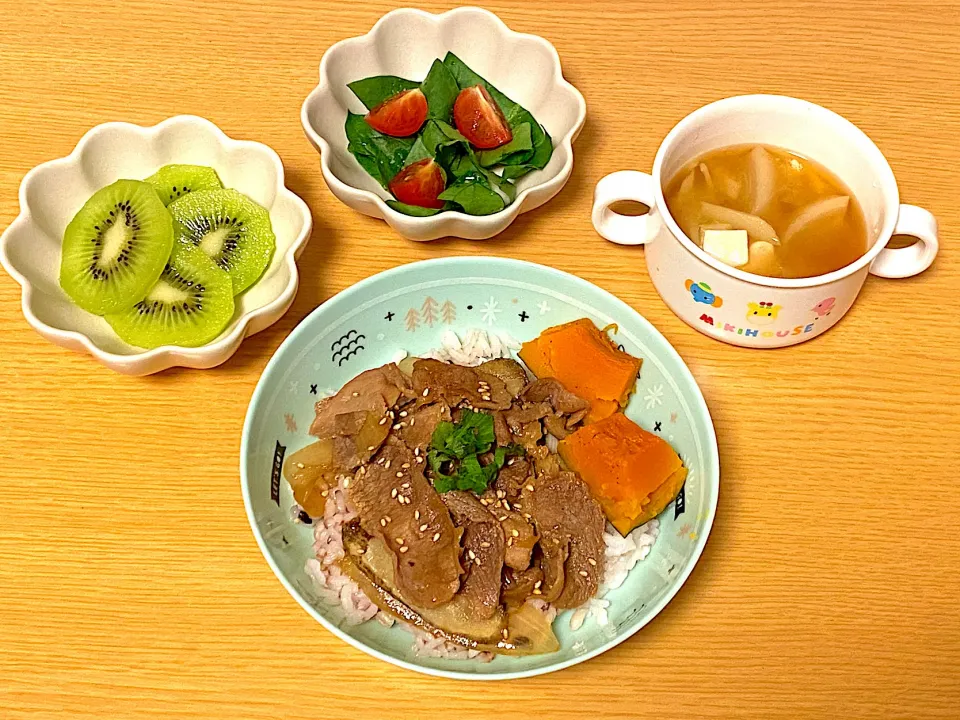 豚ごぼうのしぐれ煮丼、かぼちゃの出汁煮、サラダ|あさみさん