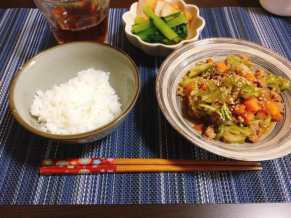 ひき肉と野菜の春雨炒め煮　小松菜とさつま揚げの煮物|ちぐあささん