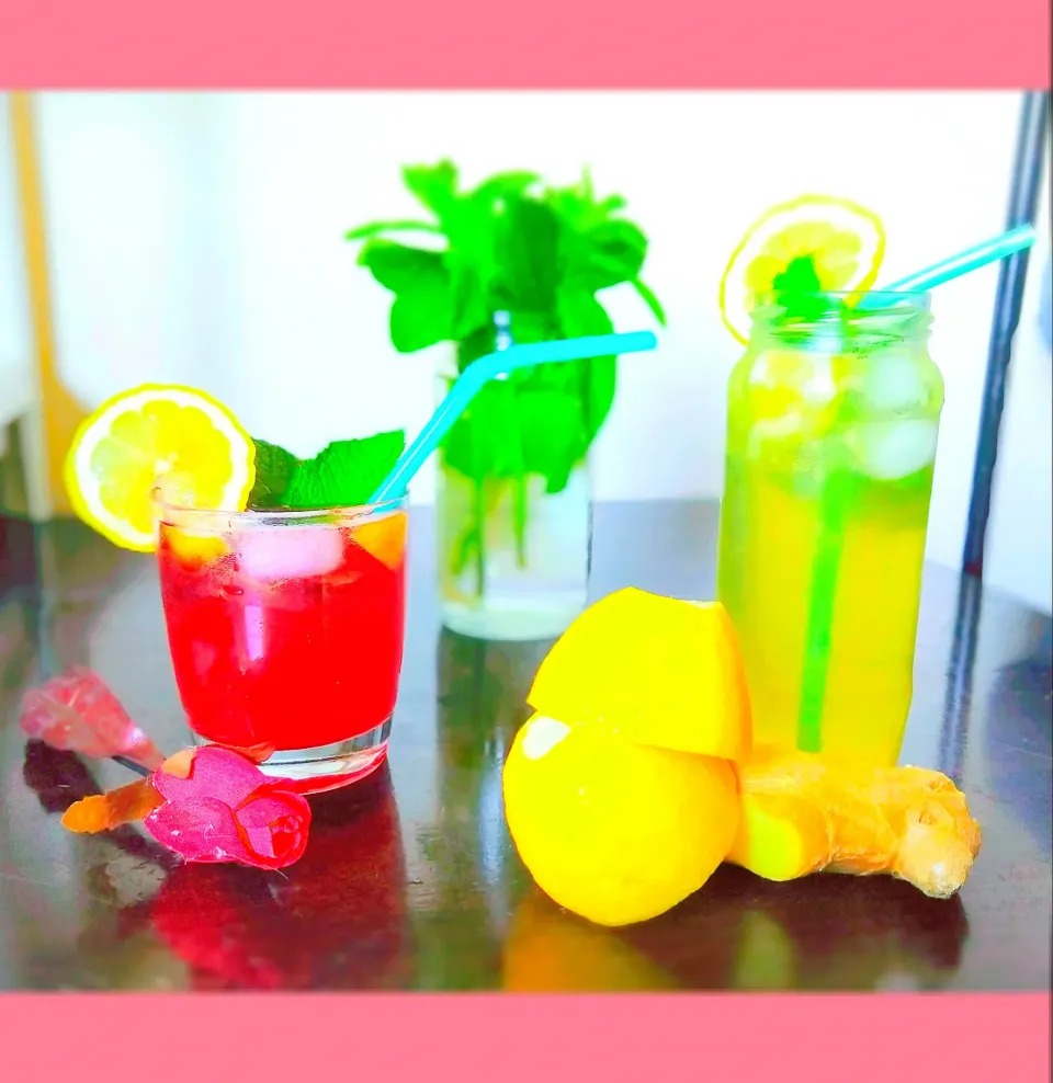 summer drink ..  lemon ginger sarbat with mint .. Rose essence lemon sarbat with mint ..|nivedhasankar64@gmail.comさん