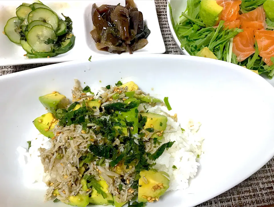 アボガドしらす丼・水菜とサーモンのサラダ・きゅうりと大葉の浅漬け・ナスと大葉のポン酢焼き|Maco doxieさん