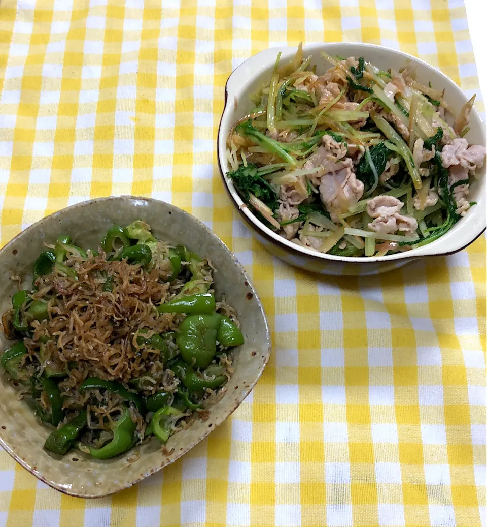 じゃこピーマン　水菜と豚肉のオリーブ醤油サラダ|りっつさん