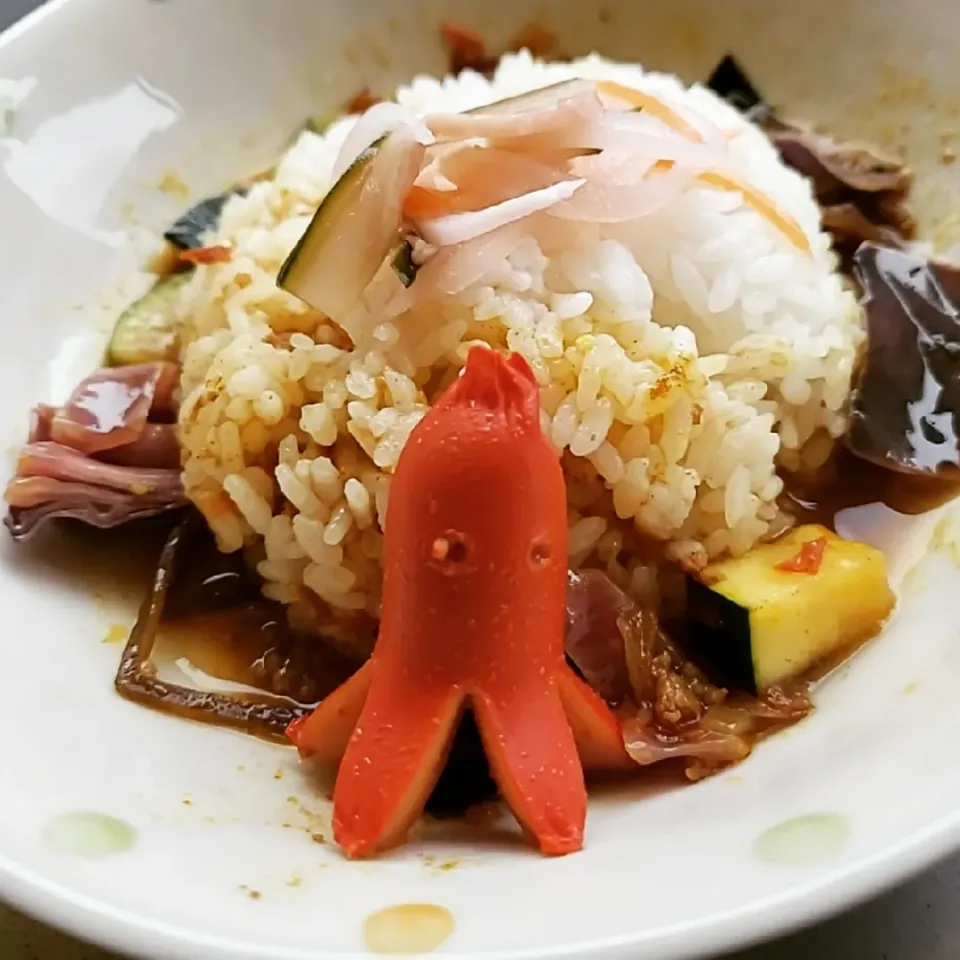 レッドキャベツとズッキーニの牛豚キーマカレーwithタコさんウインナー🐙|ふじわらたくやさん