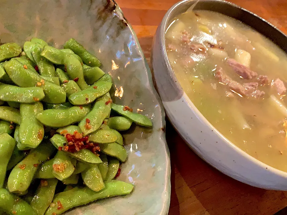 ピリ辛枝豆とせせりと白葱の塩スープ煮|kinkanさん