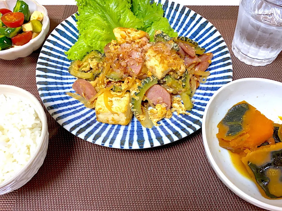 ゴーヤチャンプル　かぼちゃの煮物　トマトとクリームチーズときゅうりの和え物|momococoさん