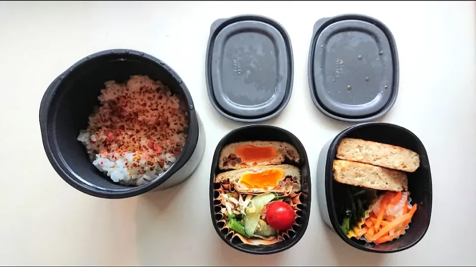 夫お弁当
豆腐ハンバーグ、卵きんぴらin揚げ甘辛煮、キュウリとアスパラとササミのサラダ、ホウレン草のバターソテー、玉ねぎニンジン酸っぱ|まめころさん