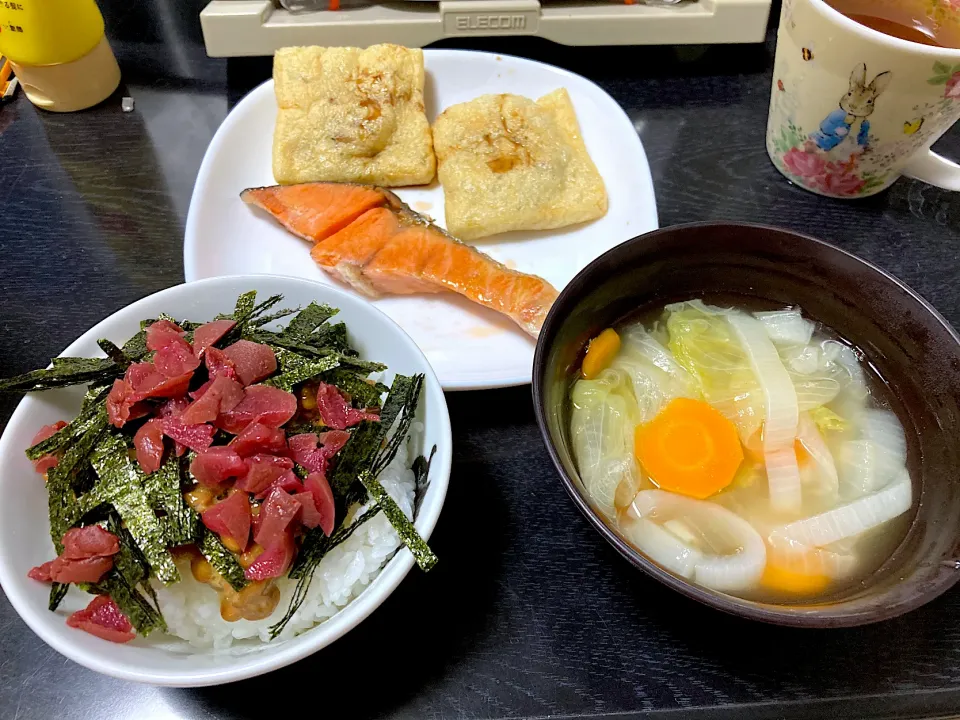 梅のり納豆、納豆あぶらあげと鮭|納豆あぶらあげさん