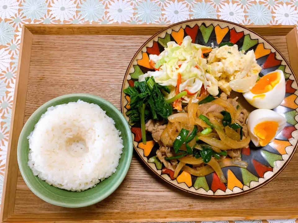 昼飯 豚の生姜焼きとキャベツのコールスロー|yoさん