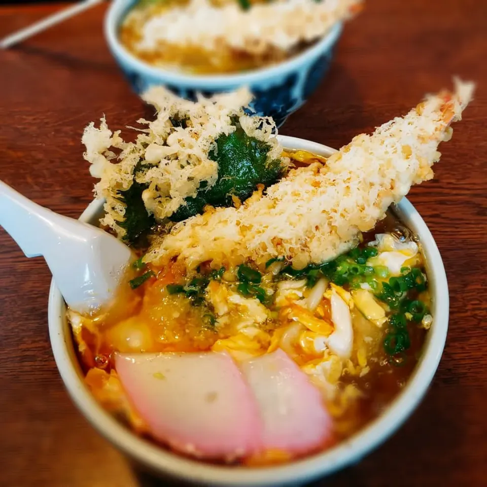 Snapdishの料理写真:休日のランチ🍜
海老天入玉子とじうどん
相方さんは海老天入カレーうどん|yukaringoさん