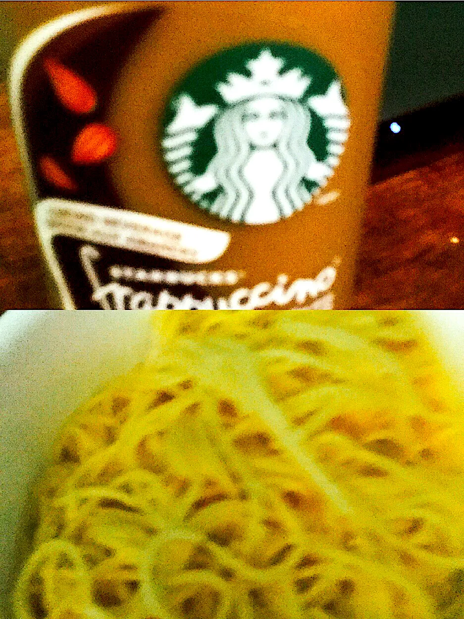 Mexican spaghetti with cheese whiz and a bottle of almond mocha from Starbucks|ninja kittyさん