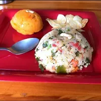 Snapdishの料理写真:semolina sweet and spicy dish . the orange one is sweet dish called ' shira' or kesaribath and the spicy dish made of veges and chillies and other Indian spices|Rekha Aravindaさん