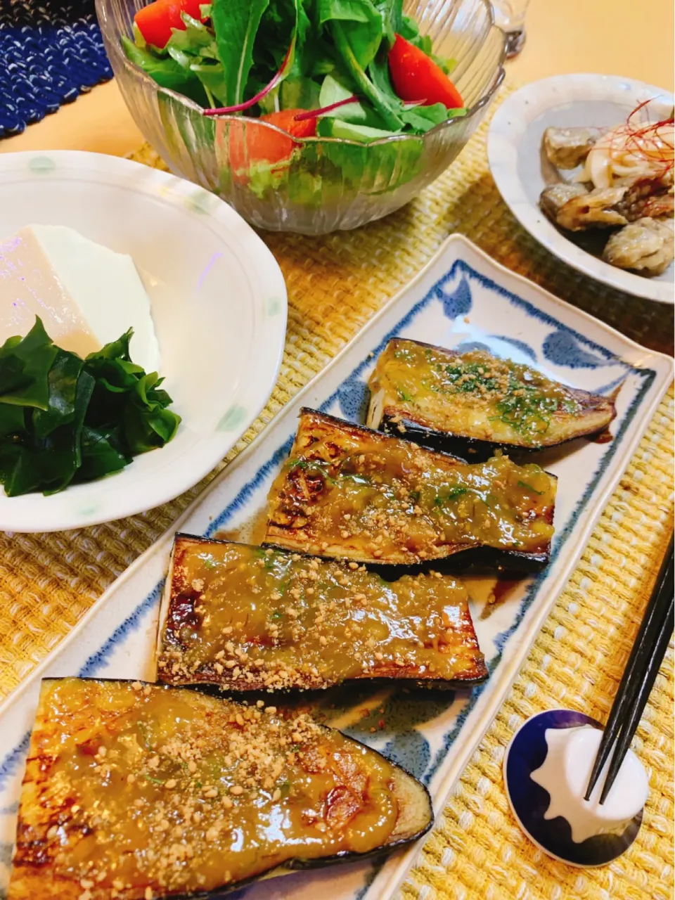 Snapdishの料理写真:夫の夕食　茄子田楽　小あじの南蛮漬け|はなさん