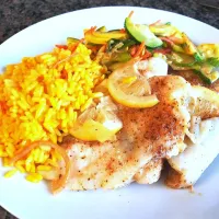 Snapdishの料理写真:blackened whitefish filet, saffron rice and sauteed seasonal veggies|Babycakesさん