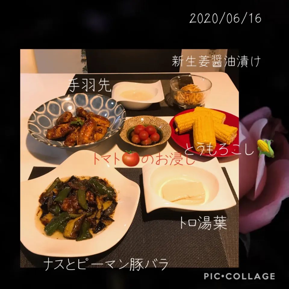 #今宵の晩ご飯#トロ湯葉#手羽先甘辛絡め#ナスとピーマン、豚バラ味噌炒め#新生姜醤油漬け#とうもろこし🤣#トマトのお浸し|みすてりあすゆっこさん