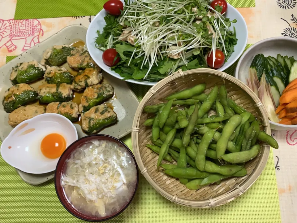 大葉つくね、ササミゴマだれサラダ、卵スープ素麺入り、枝豆、ぬか漬け|peanutsさん