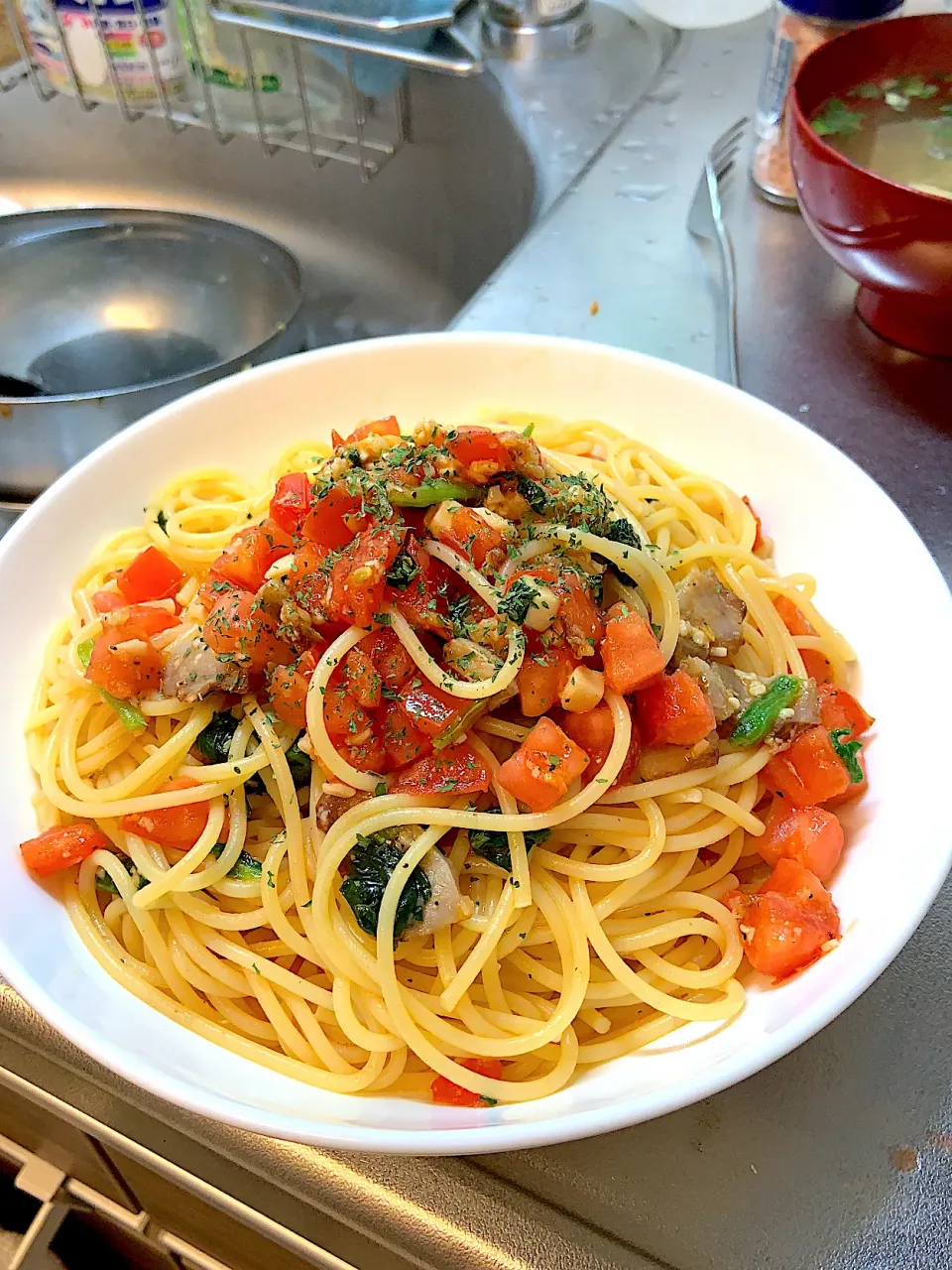 トマトとほうれん草のパスタ|takaumezさん