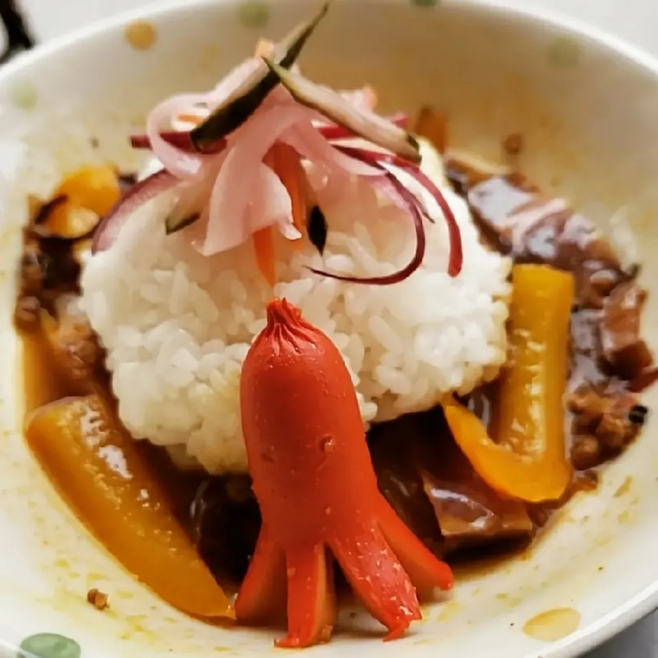 レッドキャベツと黄パプリカの牛豚キーマカレーwithタコさんウインナー🐙|ふじわらたくやさん