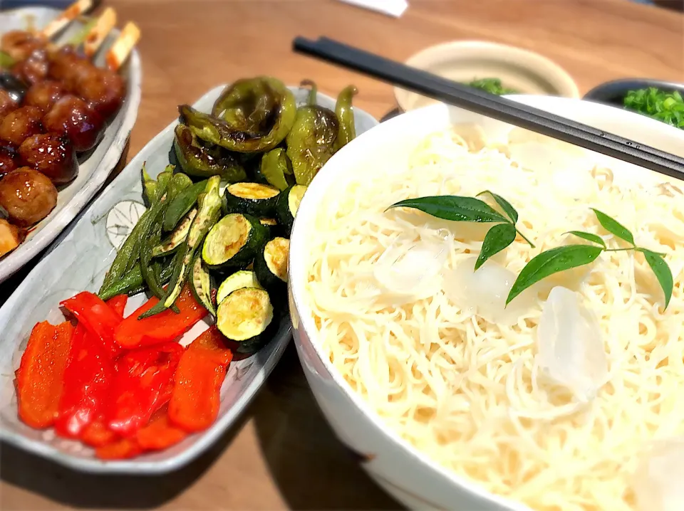 そうめん・焼き野菜・三和の焼き鳥|くり子さん