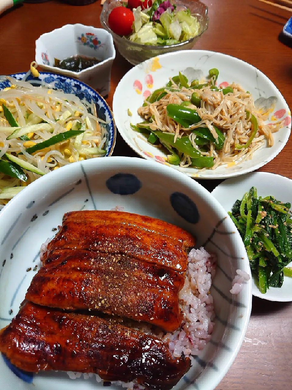 鰻の蒲焼
えのきとピーマンの炒めもの
モヤシサラダ
ほうれん草の胡麻和え
サラダ
もずく酢|ぱやさん