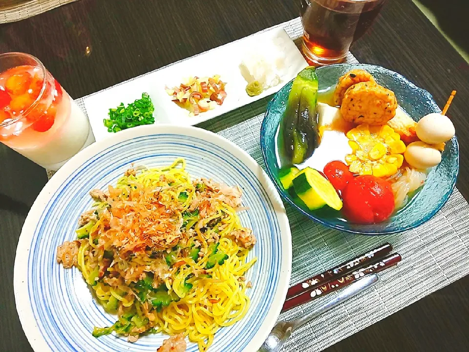 ゴーヤとひき肉の塩焼きそば、冷やしおでん、さくらんぼとヨーグルトの二層ゼリー|サトリさん