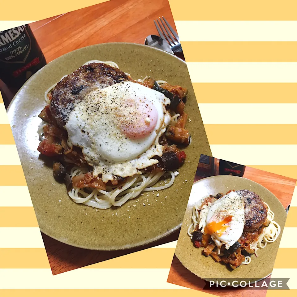 Snapdishの料理写真:ハンバーグ乗せラタトゥーユパスタ🍝|Miyukiさん