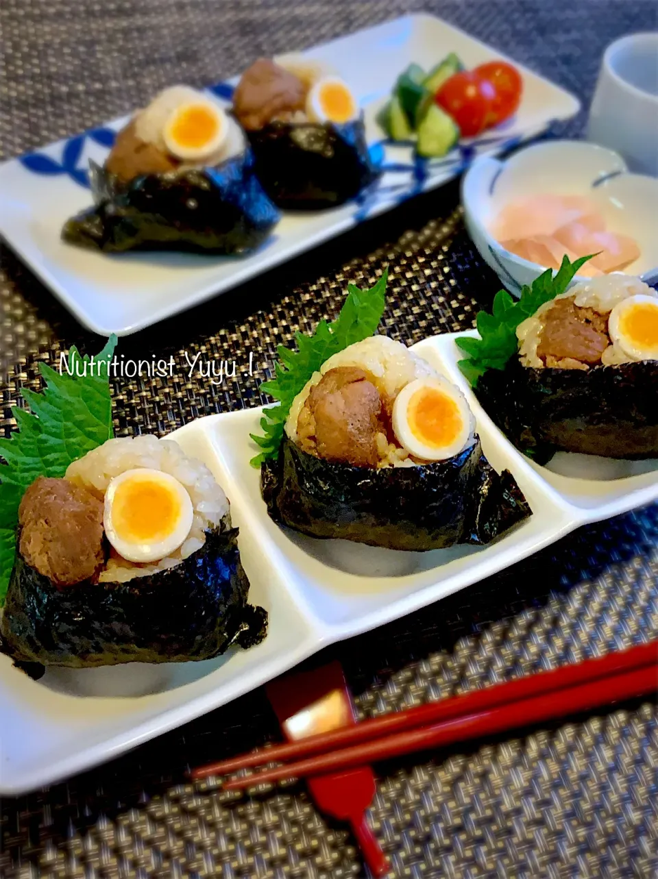 角煮風チャーシューと味付けうずらの玄米おにぎり|ゆーこどんさん