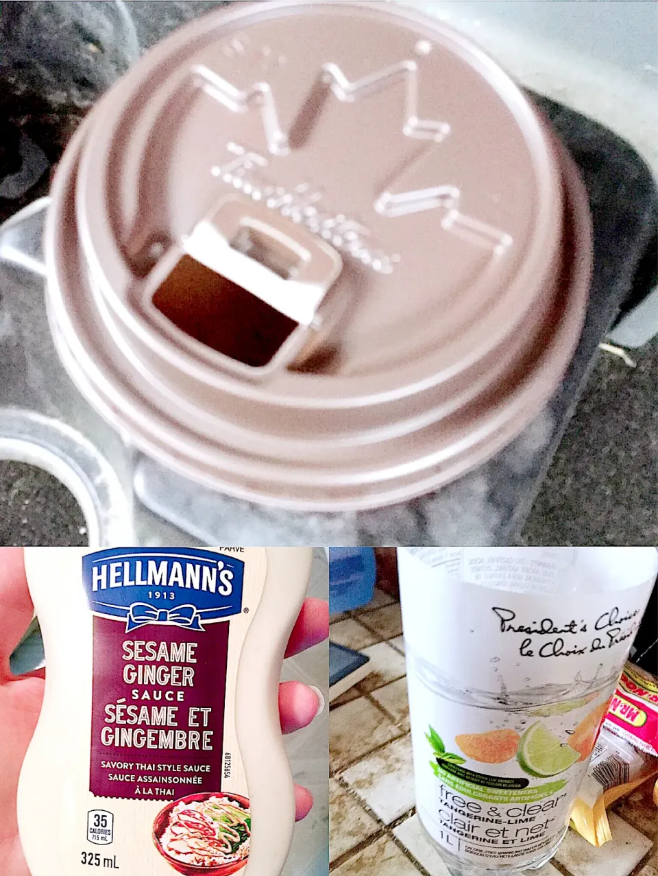 I got coffee with almond milk from Tim Hortons,sesame ginger sauce and a fruity sparkling water|ninja kittyさん