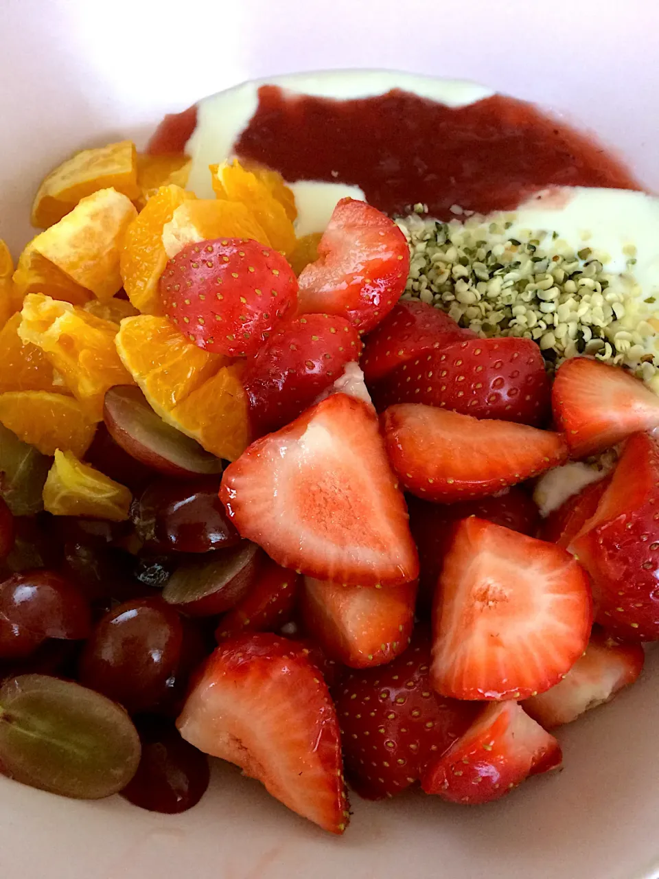 Soy yogurt with hemp seeds, jam, orange, grapes and strawberries|MissYumYumさん