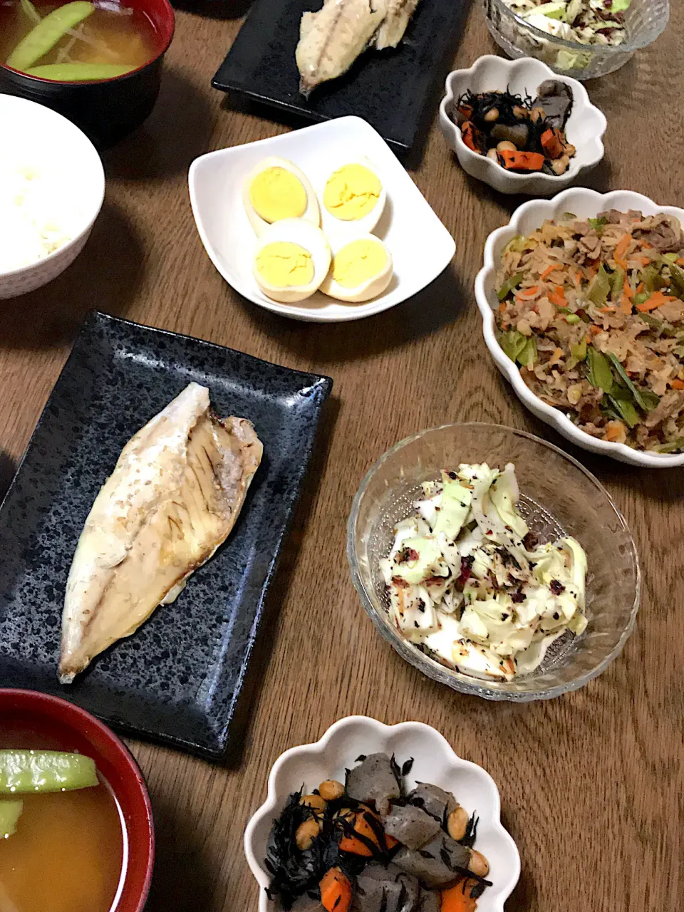 Snapdishの料理写真:#アジの干物
 #キャベツの梅和え
 #こんにゃく大豆人参のひじき煮
 #煮卵　#豚角煮のあまり汁リメイク
 #チャプチェ
 #さやえんどうと大根味噌汁|𝕜𝕪𝟙𝟘𝟚𝟘𝟙𝟠さん