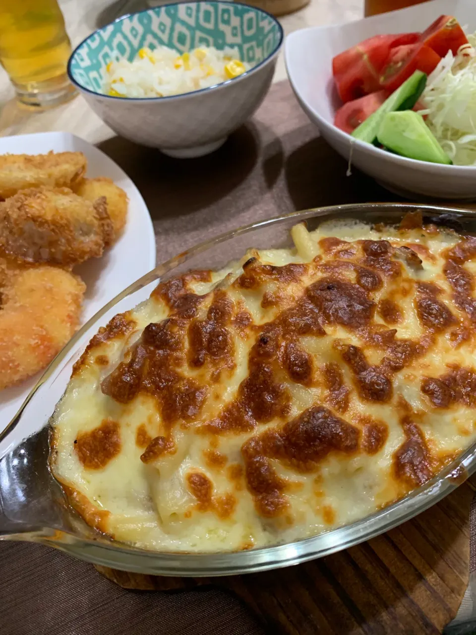 Snapdishの料理写真:マカロニグラタン、エビフライ、とうもろこしご飯|ミルさん