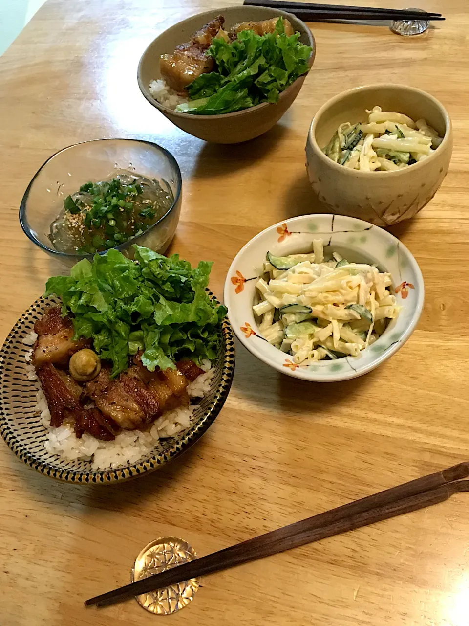 昨日の晩ゴハン。活力鍋でカンタン豚の角煮丼(●☌◡☌●)マカロニサラダ、心太。|さくたえさん