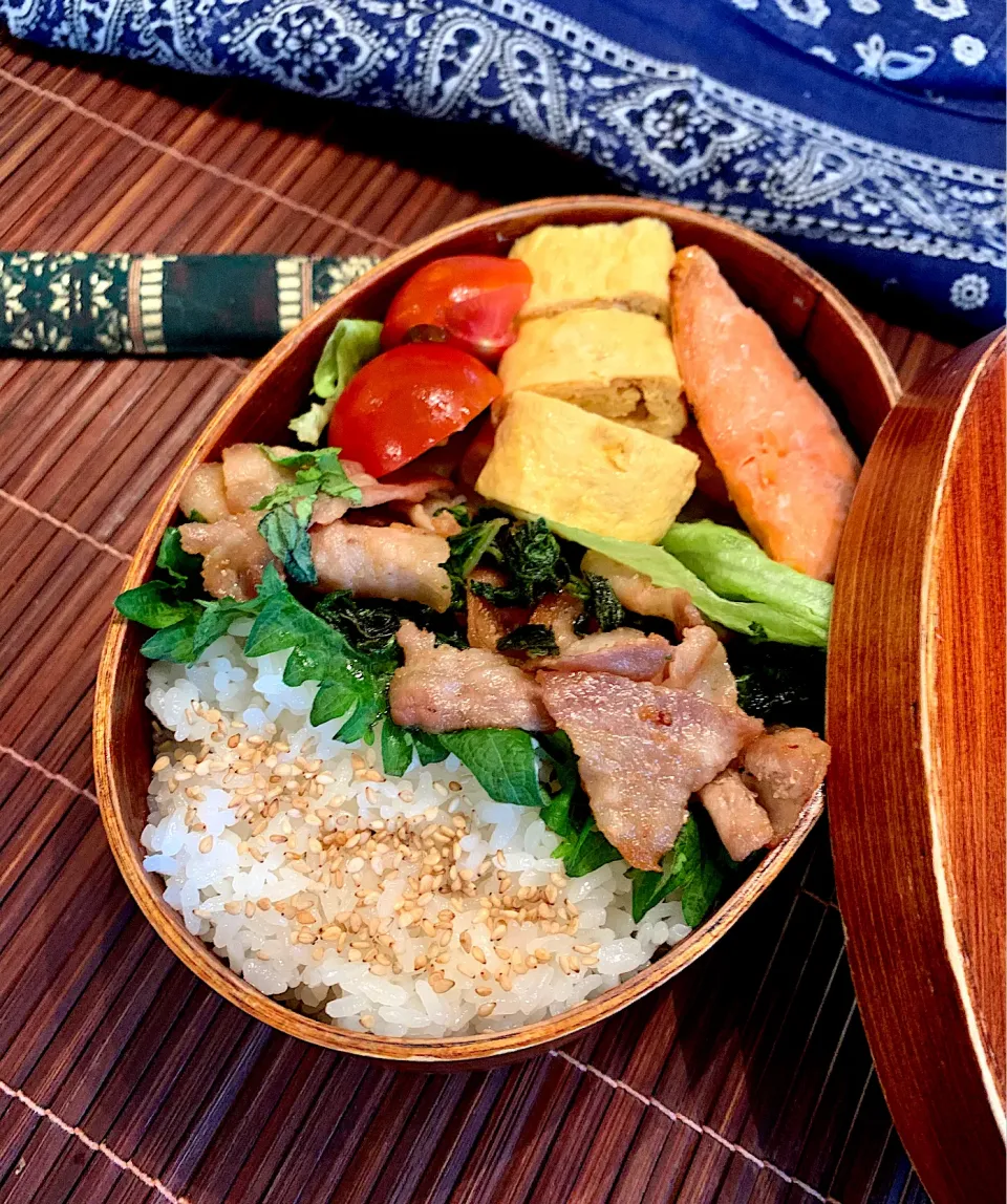 今日のお弁当豚と大根の葉の生姜焼きと鮭|Emi N Maruyamaさん