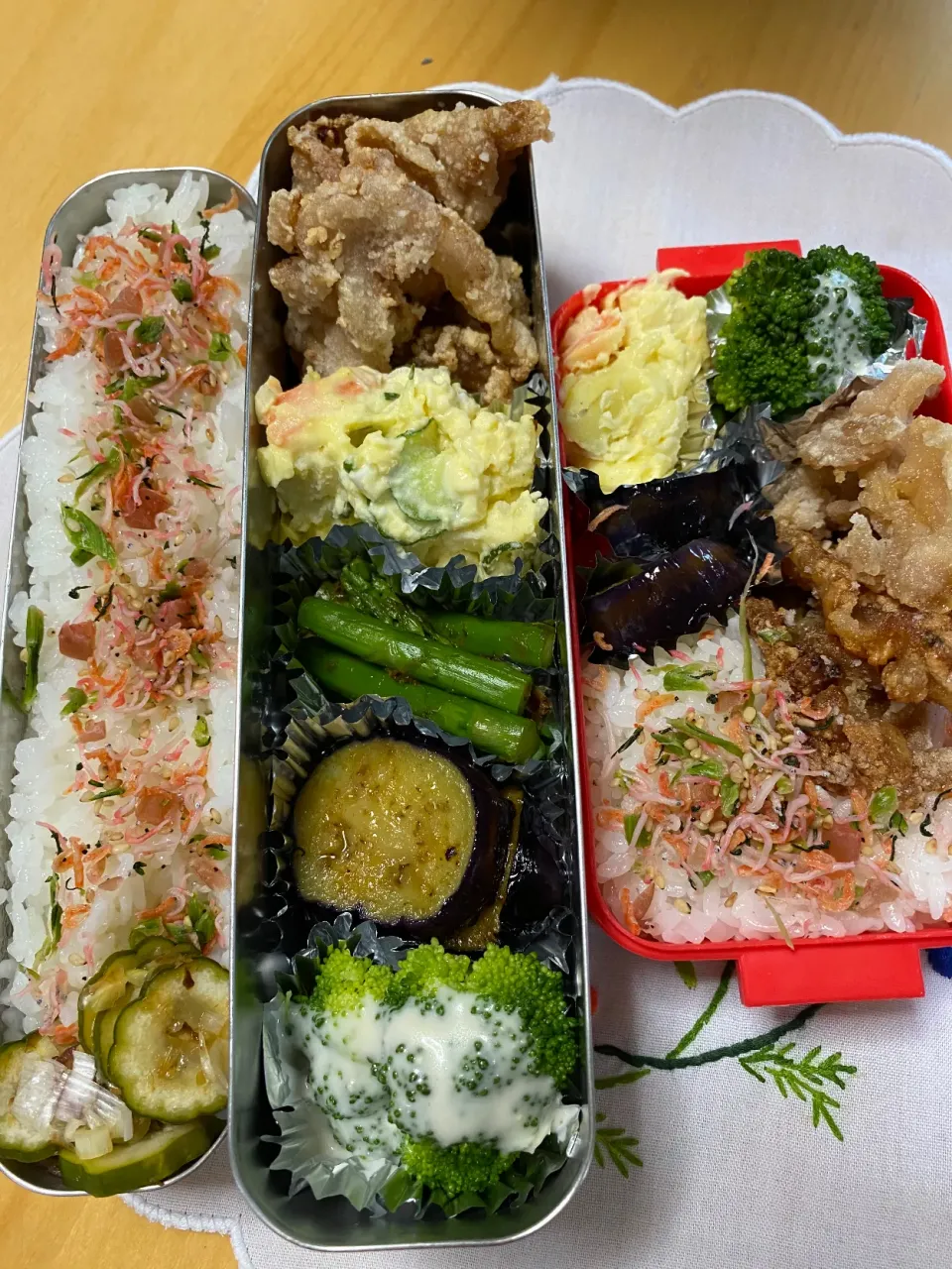 豚スライスの竜田揚げ　茄子揚げ浸し　ポテトサラダ　アスパラお浸し　ブロッコリー🥦 弁当|Kumiko Kimuraさん