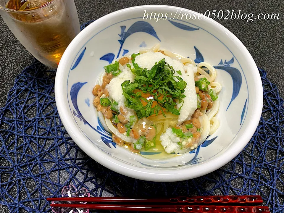 Snapdishの料理写真:ネバネバ玉子冷やしぶっかけうどん|emiさん