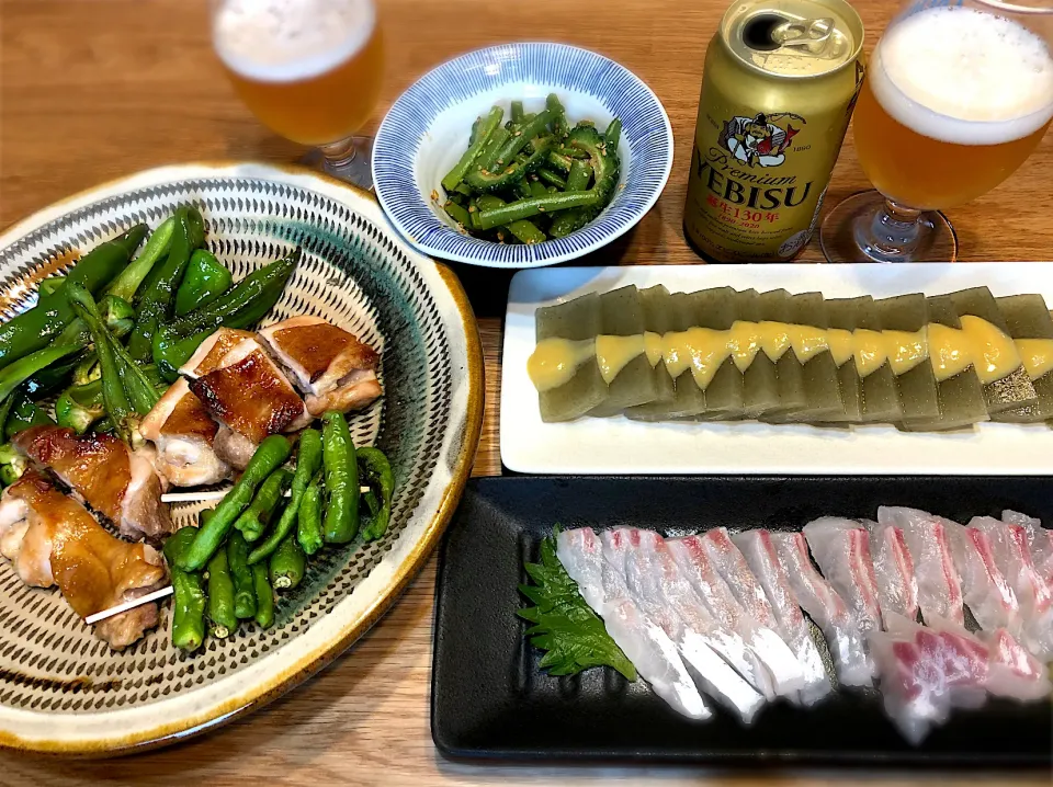 鶏の照り焼き　鯛の刺身　オキウト|じゅんさんさん