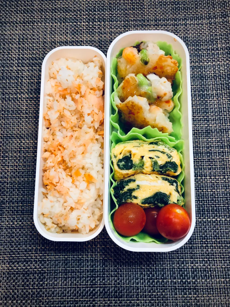 本日の女子中学生弁当→海鮮チヂミ、ほうれん草の出し巻き卵、鮭ご飯|Taja & Mayさん