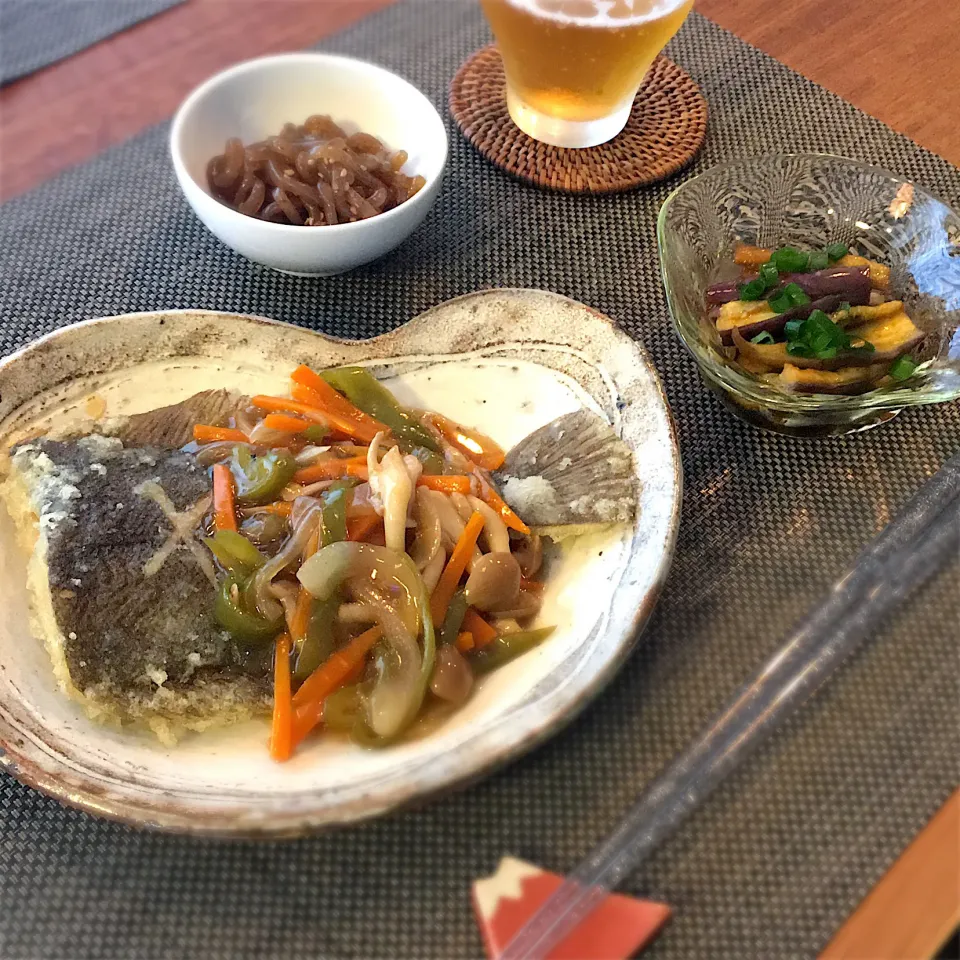 カレイのから揚げ／野菜あんかけ
蒸しなす
こんにゃくのきんぴら|𓇼 Ⓢ Ⓗ Ⓘ Ⓝ Ⓞ Ⓑ Ⓤ 𓇼さん